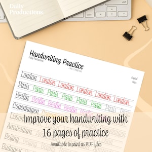 May include: A printable handwriting practice worksheet with the title "Handwriting Practice" and the text "Improve your handwriting with 16 pages of practice". The worksheet features lined paper with the words "London", "Paris", "Berlin", "Copenhagen", "Lisbon", "Amsterdam", "Beijing", and "Budapest" written in cursive multiple times.
