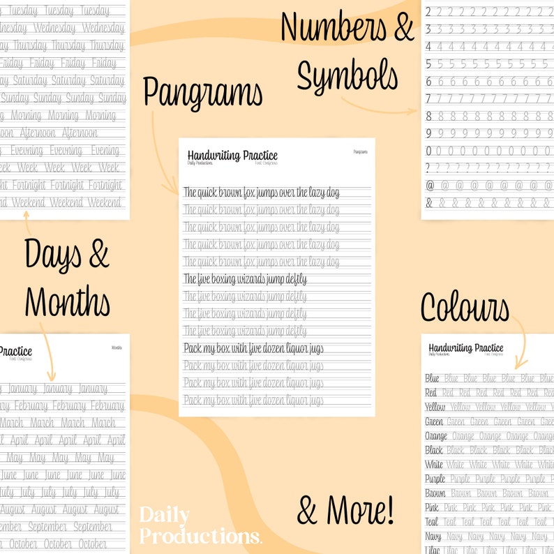 May include: A printable worksheet for handwriting practice with the text "The quick brown fox jumps over the lazy dog" and "Pack my box with five dozen liquor jugs" repeated multiple times. The worksheet also includes a title "Handwriting Practice" and the text "Daily Productions."