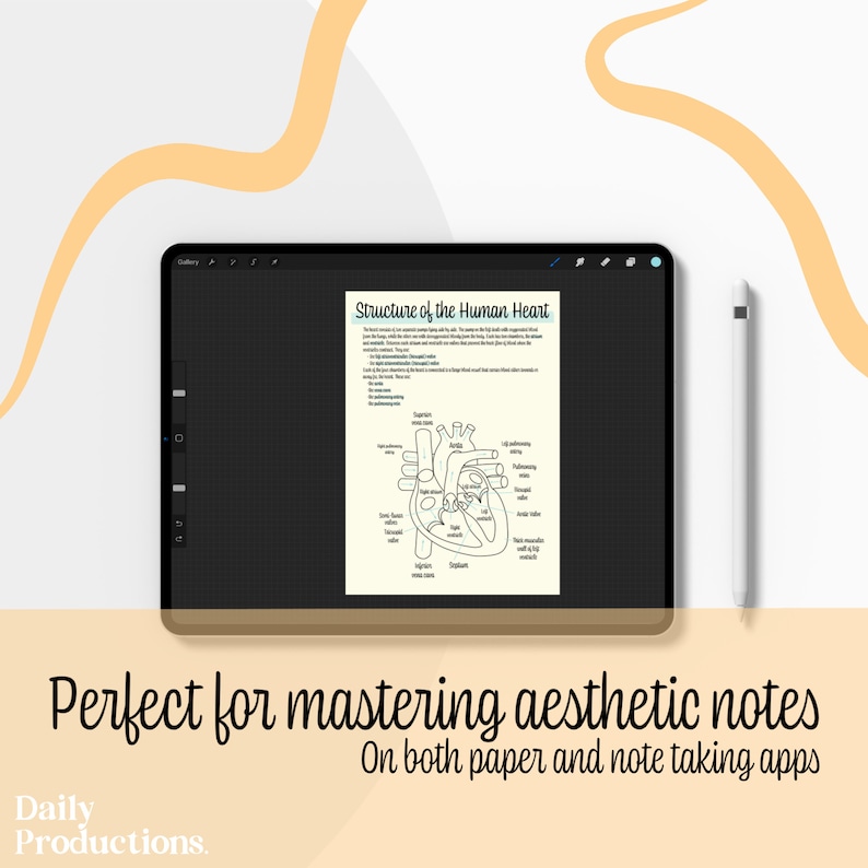 May include: A digital illustration of the human heart with labels for each part. The image is on a tablet screen with a stylus next to it. The text "Structure of the Human Heart" is at the top of the image.