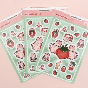 Niedliches Erdbeer Häschen Glanzpapier Aufkleber Bogen | Cartoon-Kunst-Digital-Kunst-Aufkleber | Niedliches japanisches Kawaii Kaninchen Geschenk für Haustier Tierliebhaber