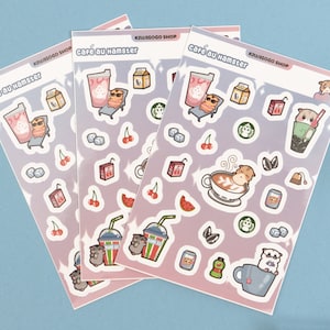Słodki Chomik Kawiarnia Błyszczący Papier Naklejki Arkusz | Sztuka Rysunkowa Cyfrowa Sztuka Naklejki | Słodki Japoński Kawaii Chomik Prezent Dla Miłośników Zwierząt Domowych