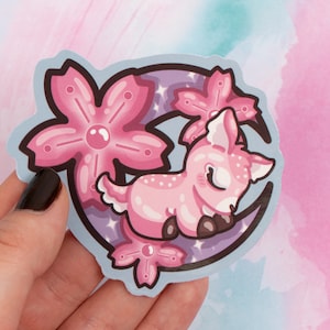 Crescent Moon Sakura Deer Vinyl Sticker | Cartoon Art One-Sided Glossy Vinyl Sticker | Kawaii Cute Japanese Animal Pet Lover Gift