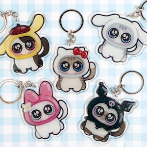 Chibi Kawaii Kitty Glitter Epoxy Keychains | Cartoon Art Double-Sided | Cute Japanese Kitty Gift For Pet Anime Lovers