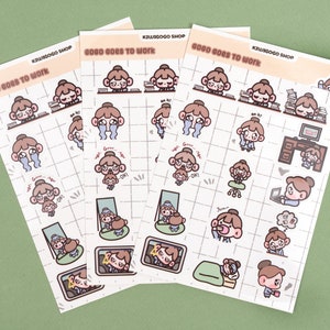 Słodka Chibi Dziewczyna Biurowa Błyszczący Papier Naklejki Arkusz | Sztuka Rysunkowa Cyfrowa Sztuka Naklejki | Japoński Koreański Kawaii Praca Prezent Dla Przyjaciół