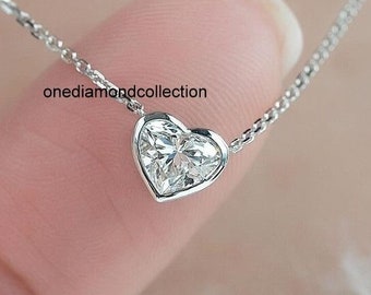 Symbol Of Love 8 mm Heart Shape Moissanite Diamond Necklace, Solitaire Simple Bezel Set Wedding Necklace 14k White Gold, Birthday Gift