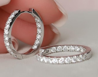 Moissanite Inside Out Hoop Earrings 2 mm Round Brilliant Cut Moissanite Hoop Earrings 10k White Gold Stud Hoop Diamond Hoop Gift Earrings