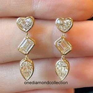 2.5 TCW Heart, Emerald & Pear Cut Moissanite Diamond Earring | Mixed Shape With bezel Set Drop Earring | Screw Back 10k Yellow Gold Earring
