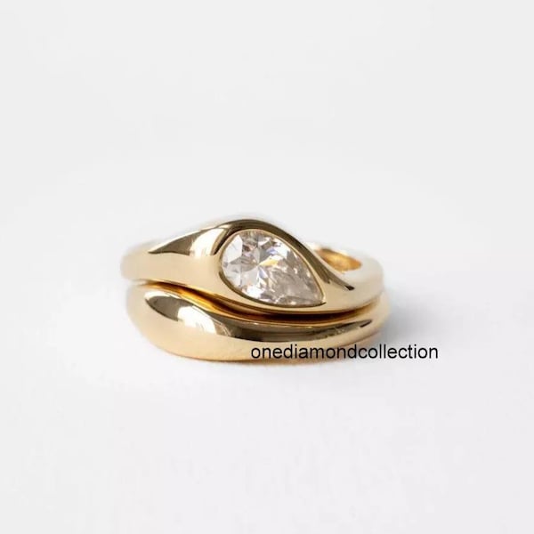 Set nuziale orizzontale con moissanite taglio a pera da 2 carati e diamanti / Diamante incastonato a filo / Fascia spessa e bombata dal design elegante / Anello in oro giallo 10 carati per lei