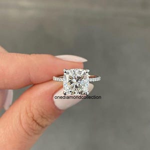 Solitaire 4CT Cushion Cut Moissanite Diamond Ring | Hidden Halo With Full Eternity Band | Daily Ware 18k White Gold Ring | Gift For Her Wife