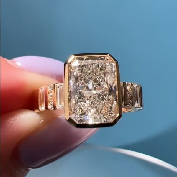 Handmade 5.00 CT Radiant Cut Moissanite Diamond Bezel Set Ring, Side Baguette And Round Cut Half Bezel Pave Wedding Ring, 10k Yellow Gold