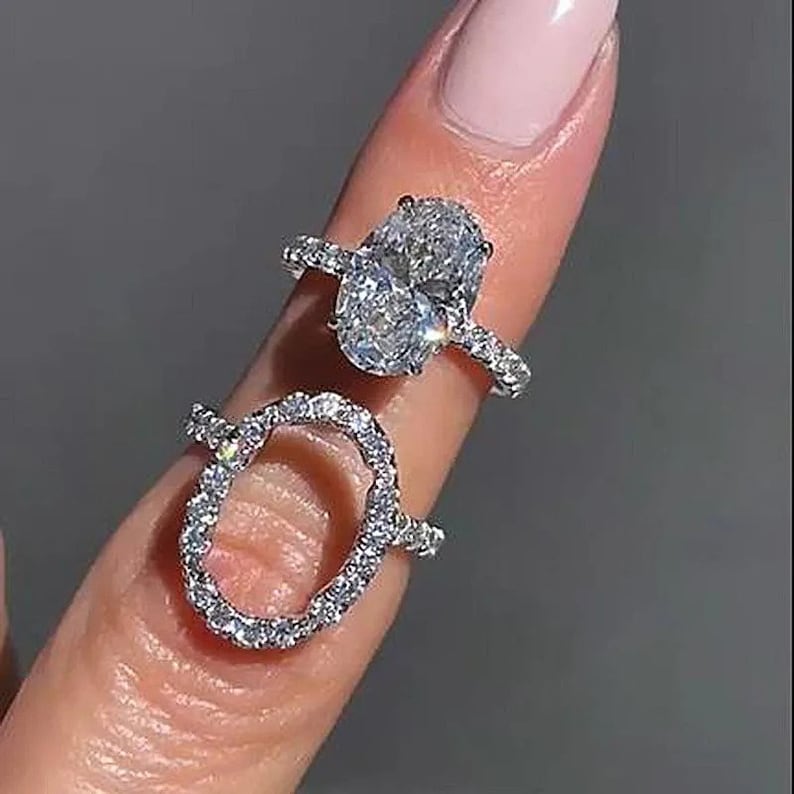 Unique Oval Cut Insert Wedding Ring Set, 10k White Gold Ring, 3.00 Oval Cut Moissanite Diamond Ring Set, Open Shank Halo Beautiful Ring image 6