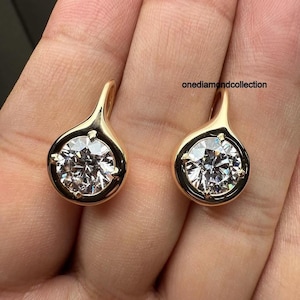 7 mm Round Cut Moissanite Drop Earrings, Cute Chunky Bezel Set Compass Prong Set Earrings, 14k Yellow Gold Ear Wire Earrings, Gift For Her