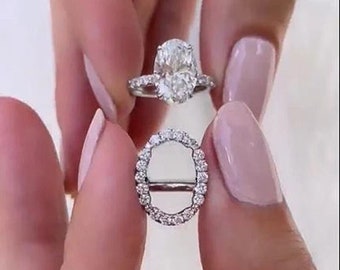 Unique Oval Cut Insert Wedding Ring Set, 10k White Gold Ring, 3.00 Oval Cut Moissanite Diamond Ring Set, Open Shank Halo Beautiful Ring