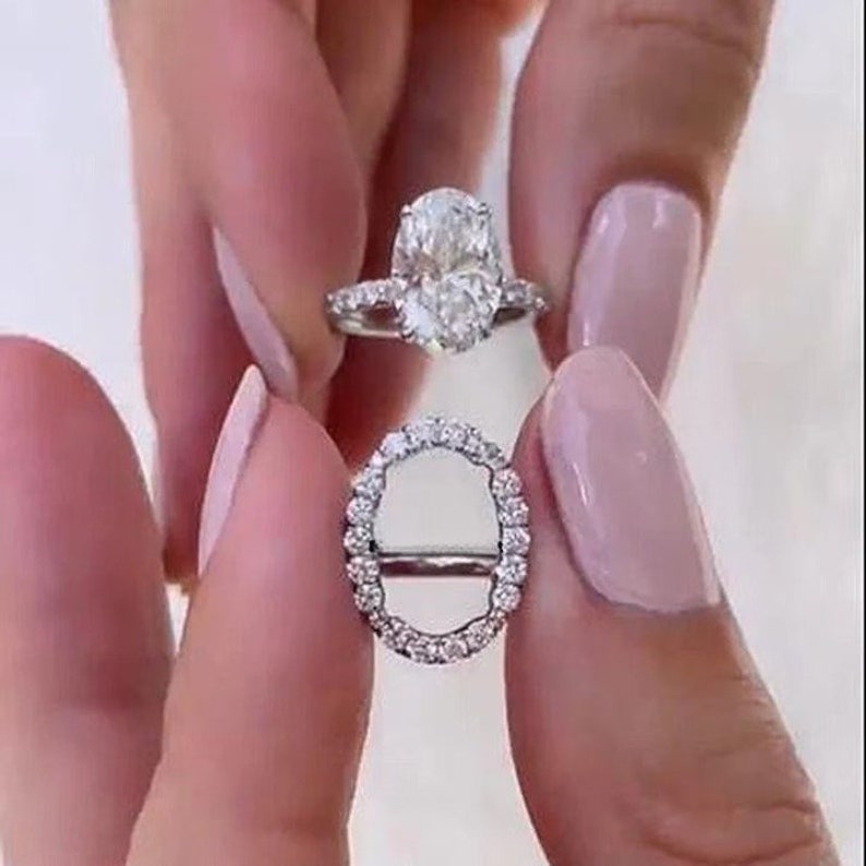 Unique Oval Cut Insert Wedding Ring Set, 10k White Gold Ring, 3.00 Oval Cut Moissanite Diamond Ring Set, Open Shank Halo Beautiful Ring image 1