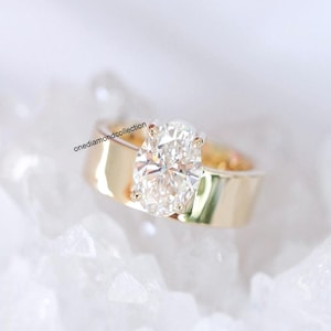 10X7 mm Oval Cut Off Side Diamond Wide Band Ring, Gorgeous Design Cigar Band Engagement Ring, 14k Yellow Gold Moissanite Diamond Ring