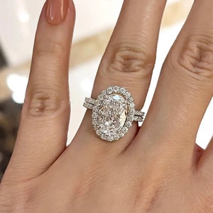 Unique Oval Cut Insert Wedding Ring Set, 10k White Gold Ring, 3.00 Oval Cut Moissanite Diamond Ring Set, Open Shank Halo Beautiful Ring image 2