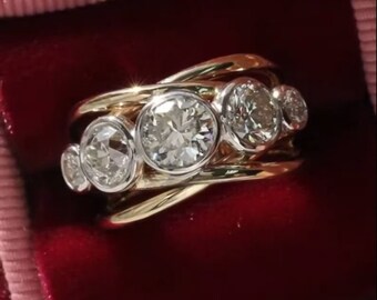 Bezel Set Round Cut Colorless Moissanite Diamond Wedding Ring, 14k Two Tone Gold Bridal Ring, Five Stone Bezel Setting Ring, Gift For Her