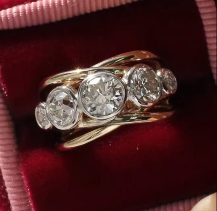 Bezel Set Round Cut Colorless Moissanite Diamond Wedding Ring, 14k Two ...