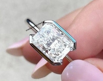 3.50 CT East West Radiant Engagement Ring, Radiant Cut Solitaire Moissanite Ring, Half Bezel Unique Diamond Ring, Wedding Ring For Woman