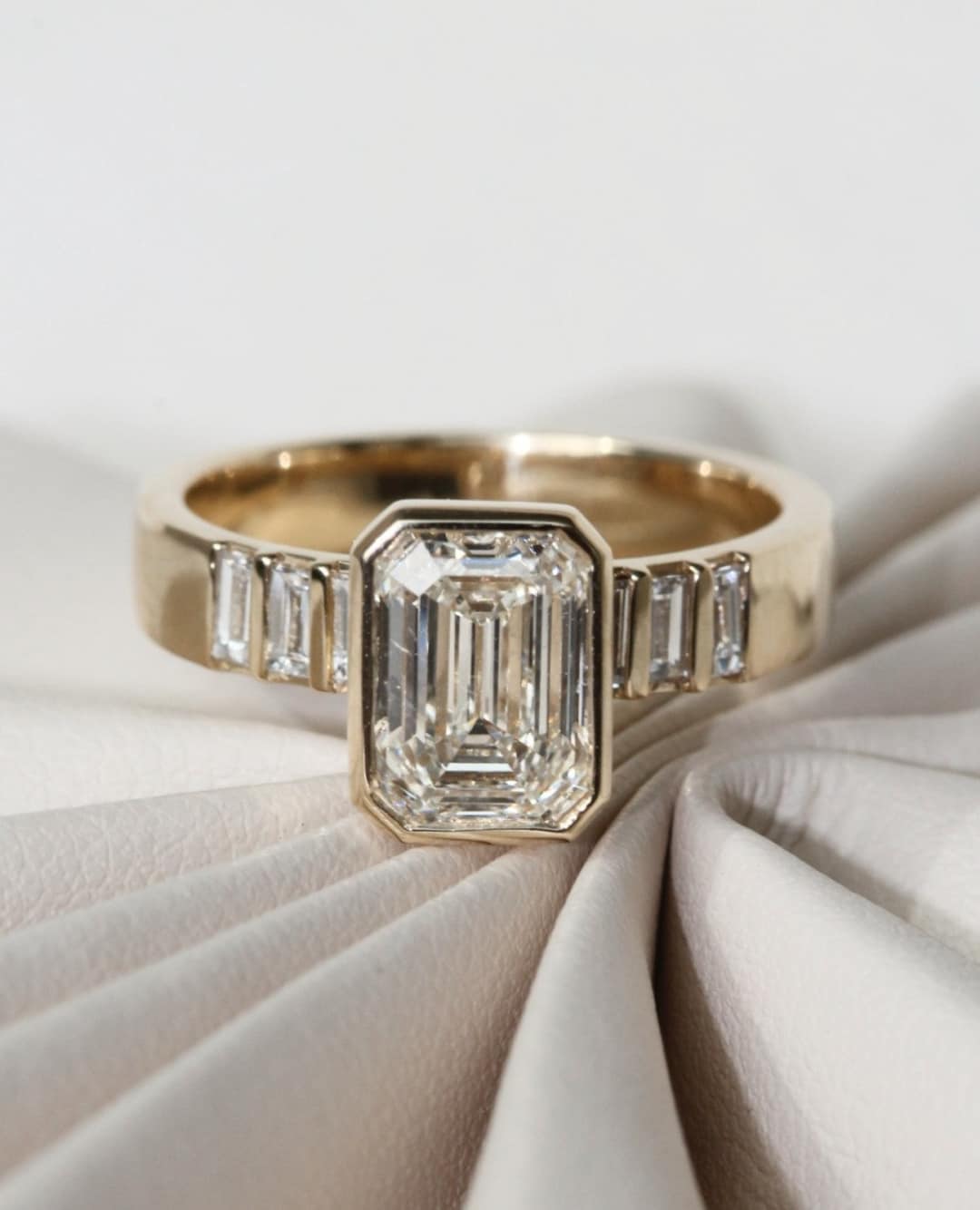 1.75 CT Emerald Cut Bezel Set Engagement Ring, With Baguette Accents ...