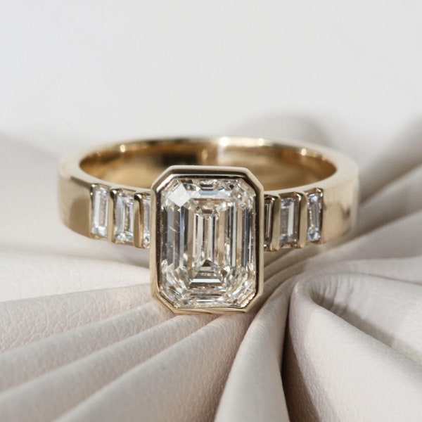 1.75 CT Emerald Cut Bezel Set Engagement Ring, With Baguette Accents Wedding Ring, 10k Yellow Gold Wide Band Ring, Birthday Gift For Her