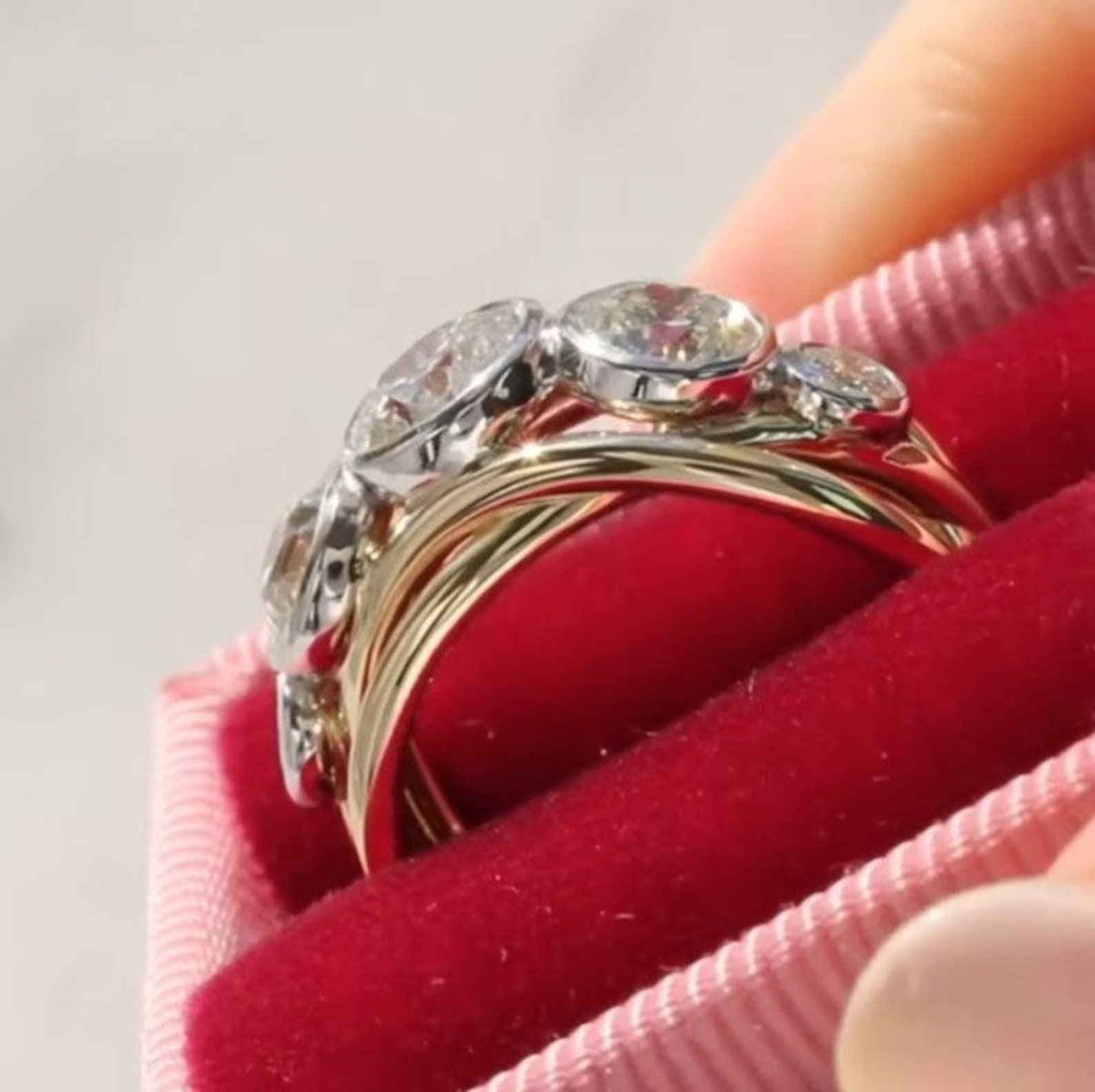 Bezel Set Round Cut Colorless Moissanite Diamond Wedding Ring, 14k Two