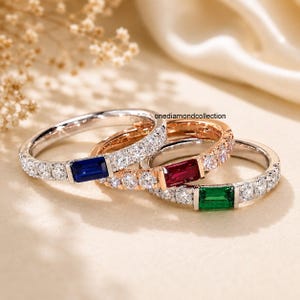 Sapphire Ruby Emerald Ring, Emerald Cut Gemstone Band, Diamond Accent Stackable Ring, Minimalist Wedding Jewelry for Women