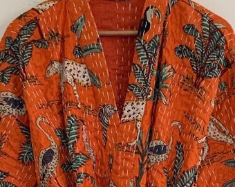 Orange Safari Print Hand Made Kantha, 100% Cotton Bath Robe,Indian Hand Made Kantha,Cotton Kimono,Traditional Robe/kimono