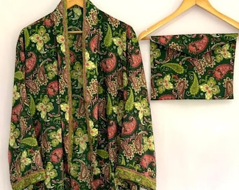 Men's Special Dark Green Paisley Collared silk Blend Kimono,Nightwear,Loungewear kimono
