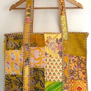 Neue Gelb Reißverschluss Stil Patchwork Tote Handgemachte Baumwoll-Block-Print Einkaufstasche, große gesteppte Tasche, Floral Markt Tasche, gelegentlich Geschenk Tasche