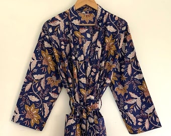 Floral Cotton Kimono Robe: Berry Blue Japanese Style Loungewear