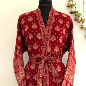 Abito unisex in misto lana yak floreale marrone con beige, kimono fatto a mano, speciale invernale, vestaglia perfetta 4 regalo per qualcuno di speciale/occasionalmente.