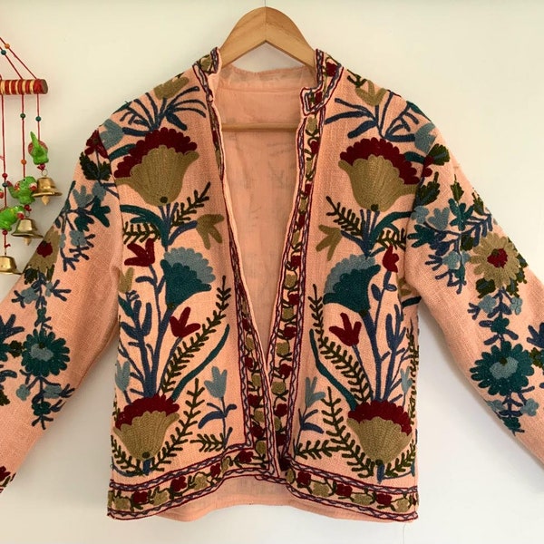Suzani Peach Colour Jacket/Coat,Hand Embroidery Jacket,Women Wear New Style Coat,Partywear,Suzani Short Jacket,Classical Jacket,Gift for Her