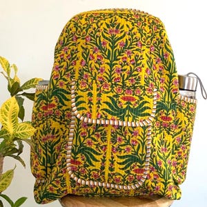 Beau sac à dos matelassé floral jaune en coton fait main, sac pour ordinateur portable, sac de voyage, sac à dos bohème indien, cartable, usage quotidien ou parfait pour cadeau