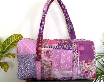 Bolsa de lona con estampado de bloques de algodón hecha a mano de patchwork púrpura, bolsa de viaje, bolsa de gimnasio, bolsa de yoga, bolsa acolchada o uso diario O regalar a alguien especial