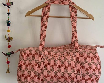 Peach Handmade Cotton Block Print Duffle Bag,Shopping Bag,Travel Bag,Gym or Yoga Bag,Quilted Bag Everyday use OR Gift For Someone Special