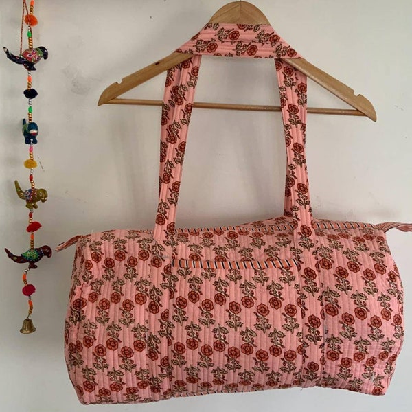 Peach Handmade Cotton Block Print Duffle Bag,Shopping Bag,Travel Bag,Gym or Yoga Bag,Quilted Bag Everyday use OR Gift For Someone Special