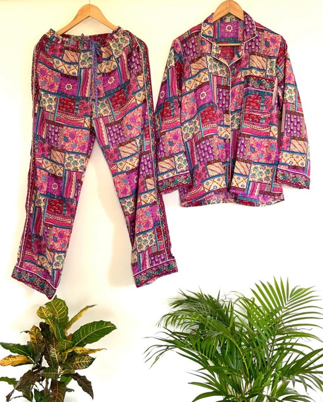 Pink/beige Multi Silk Blend Pyjamas Set,full Lenght Pyjamas,nightwear ...