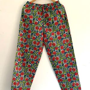 Floral Cotton Lounge Pants: Ocean Blue Red Print, Summer Trousers