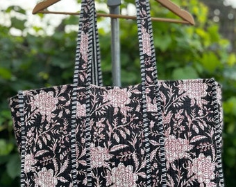 Black & White Floral Handmade Cotton Block Print reversible Shopping Bag,Tote Bag,Large Shopping Bag,Quilted Tote Bag,Large Bag,Kantha Bag