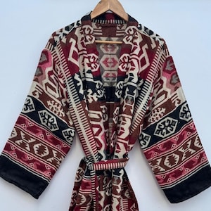 Yak Wool Blend Unisex Kimono,Handmade,Winter Special,House Robe,Aztec Ikat Black Striped Dressing Gown,Traditional Lightweight Kimono/Robe
