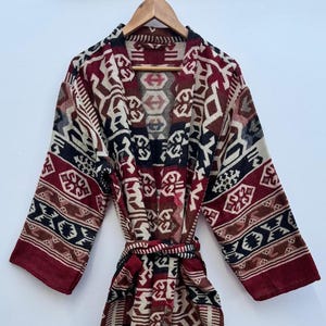 Yak Wool Blend Unisex Kimono,Handmade,Winter Special,HouseRobe,Aztec Ikat Burgundy Striped Dressing Gown,Traditional Lightweight Kimono/Robe