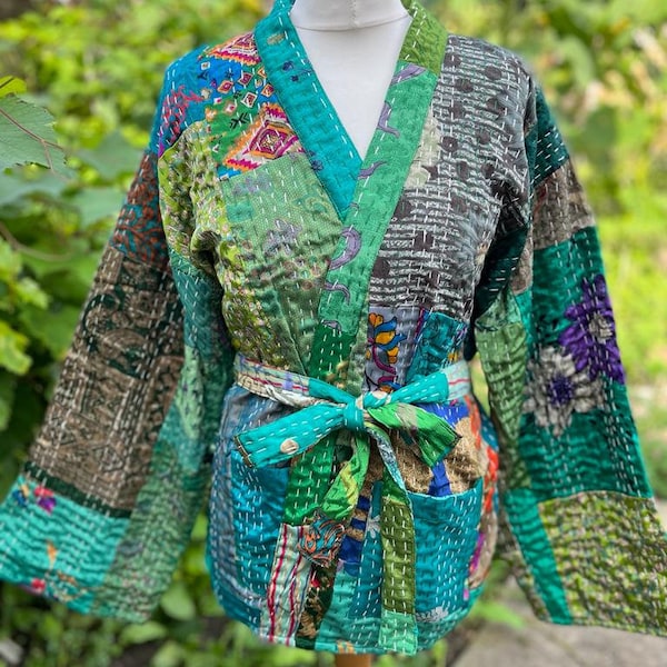 Green Patchwork Silk Kantha Short Lenght Jacket/Coat,Ethnic Boho Comfy Jacket,Handmade Jacket,New Style Coat,Partywear OR Gift For HER