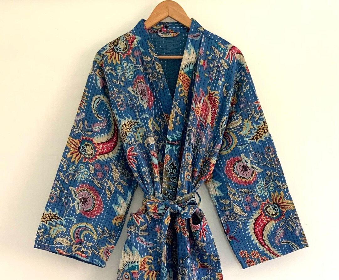 Hand Made Robe Dodger Blue Floral Hand Made Kantha/robe,100% Cotton Bath Robe,indian ...