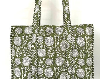 Handmade Cotton Olive-Green Block Print reversible Shopping Bag,Tote Bag,Large Shopping Bag,Quilted Tote Bag,Large Floral Bag,Kantha Bag