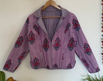 Purple Floral collared 100% Cotton Handmade Reversible Quilted Short Jacket/Coat,Women Wear New Style Coat,Partywear OR Gift For Her