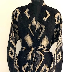 Yak Wool Blend Unisex Kimono/Robe,Handmade,Winter Special,House Robe,Black/Beige Geometric Diamond Aztec Print Dressing Gown,Traditional Rob