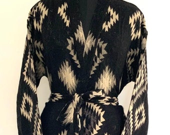 Yak Wool Blend Unisex Kimono/Robe,Handmade,Winter Special,House Robe,Black/Beige Geometric Diamond Aztec Print Dressing Gown,Traditional Rob