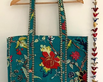 Teal Blue Handmade Cotton Block Print reversible Design Shopping Bag,Tote Bag,Large Quilted Bag,Large Floral Bag,or Gift for Someone Special