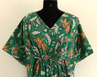 Green Floral Cotton Kaftan Kimono,Luxury Loungewear,Beachwear,Long Maxi,Maternity wear,Nightwear,party wear OR Gift 4 Someone Special